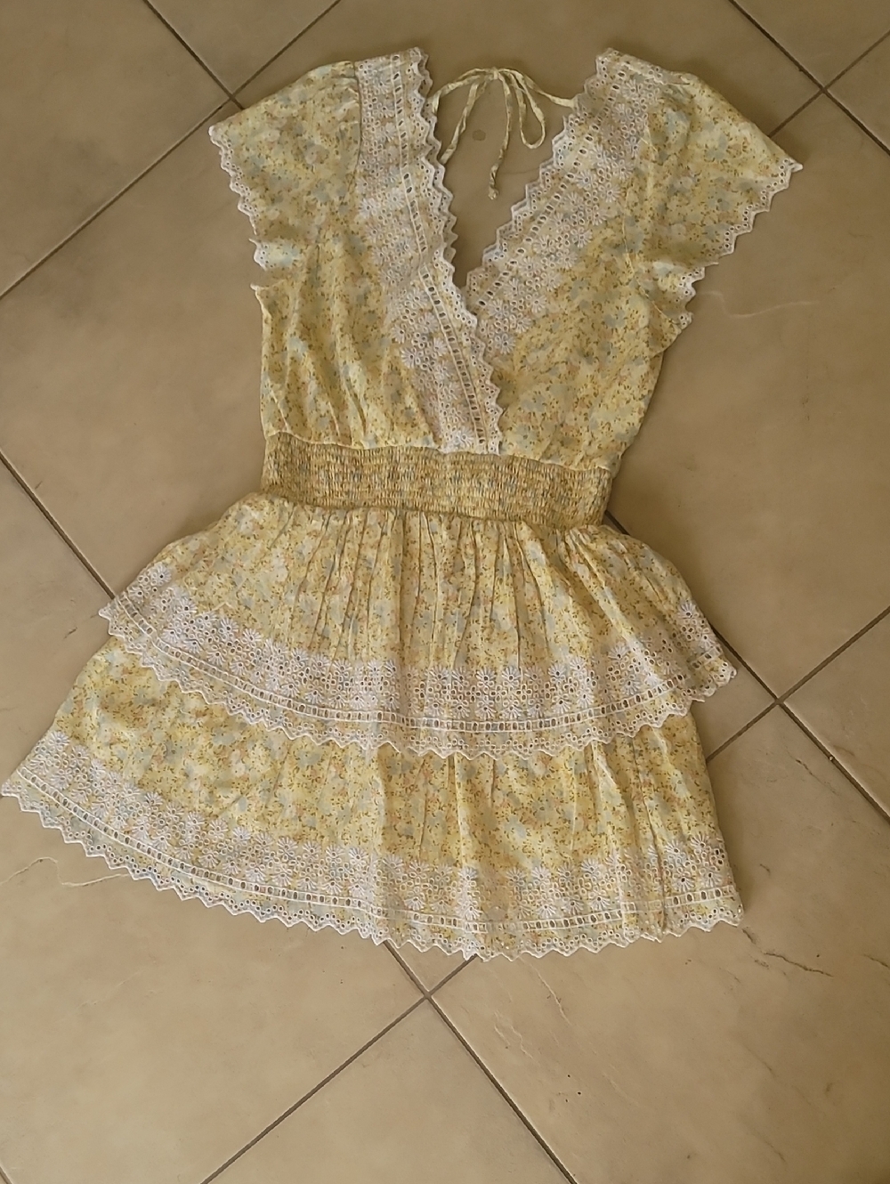 American Eagle Cotton Linen Floral Lace Trim Mini Dress Yellow Eyelet  SZ M